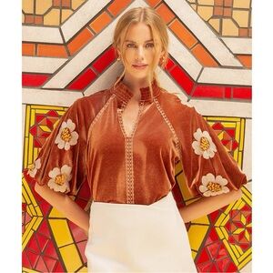 THML floral embroidered velvet boho rust balloon sleeve top size XS